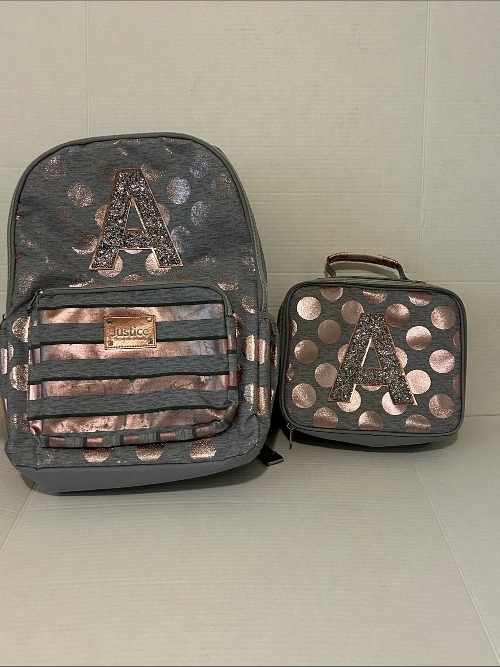 Justice ‘A’ Glitter Gray Backpack & Lunchbox Set with Rose Gold Polka Dots